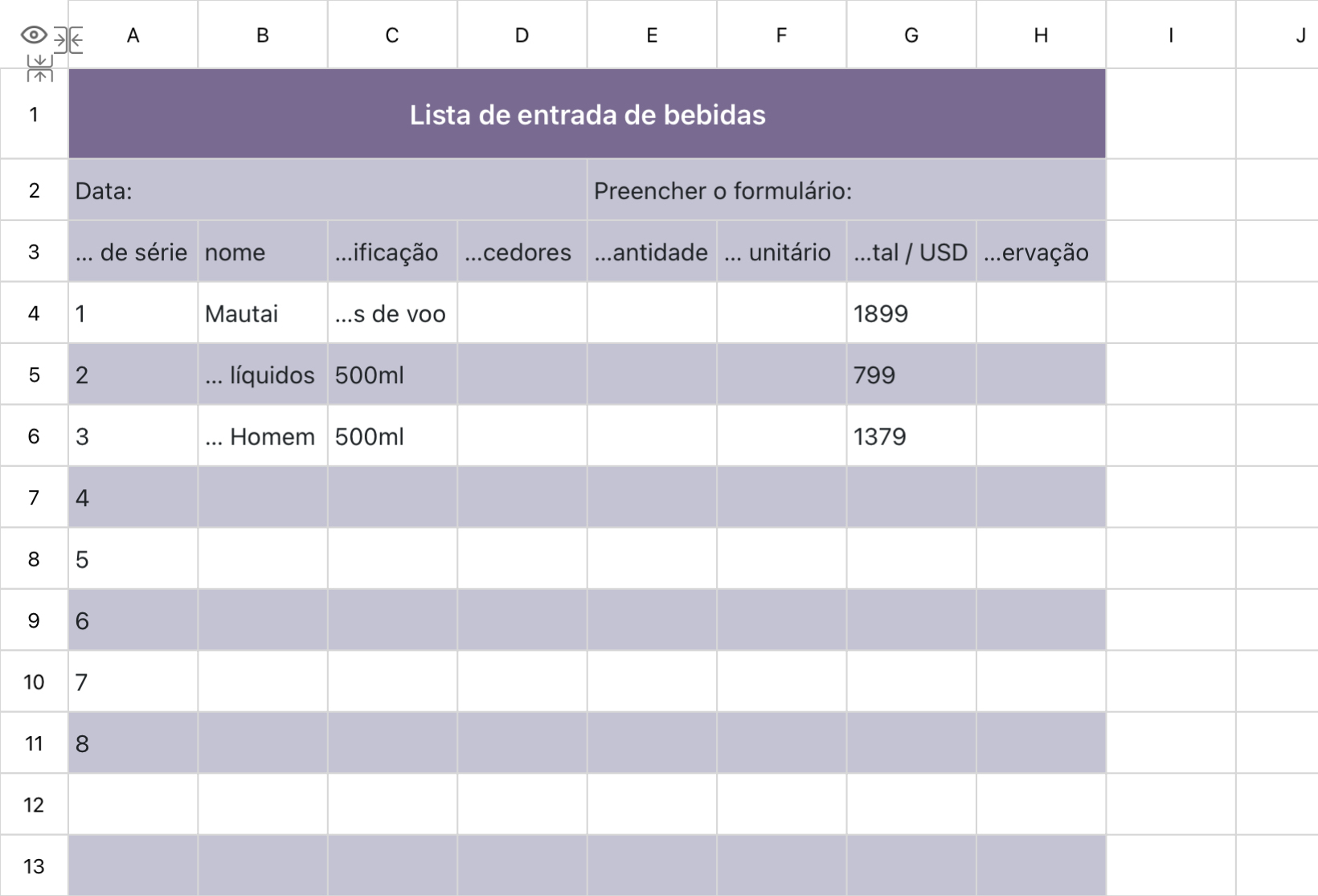 Lista de entrada de bebidas
